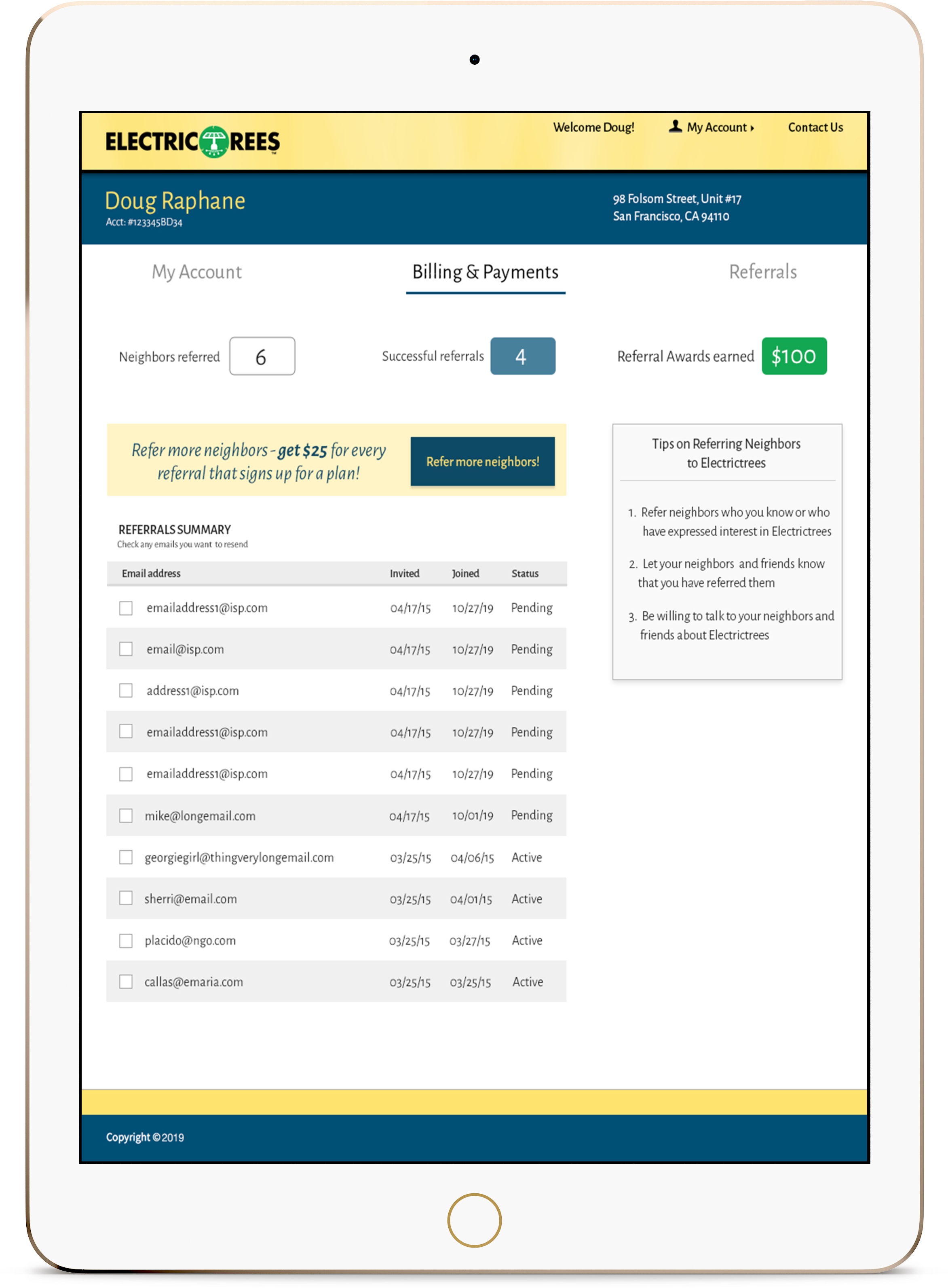 ElectricTrees Customer Dashboard - Bills and Payments